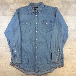 Wrangler Mens Western Denim Shirt Blue Pearl Snap Long Sleeve 2XT Tall‎ XL